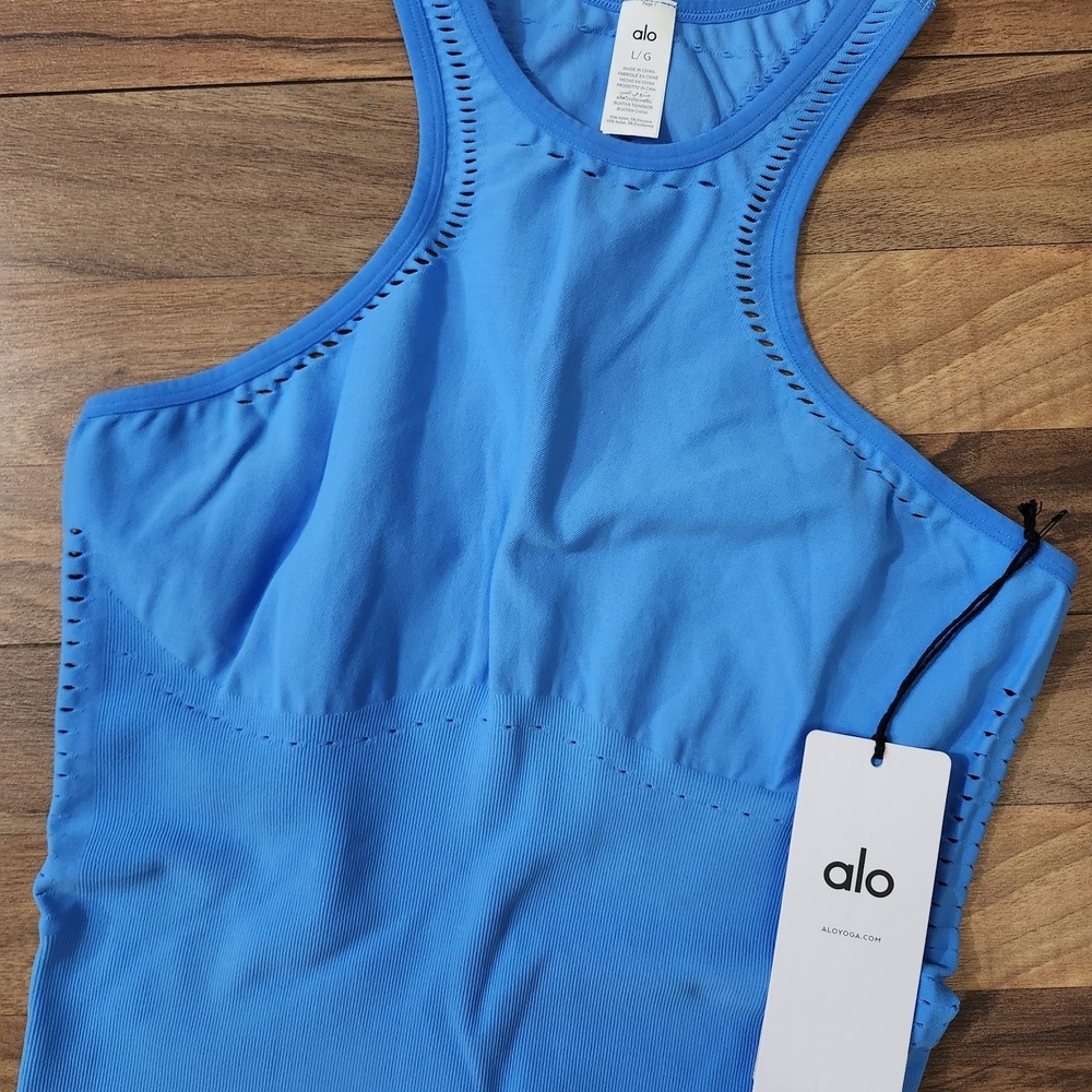 NWT Alo Yoga Seamless Open Air Racer Back Dress Azure Blue Size Large